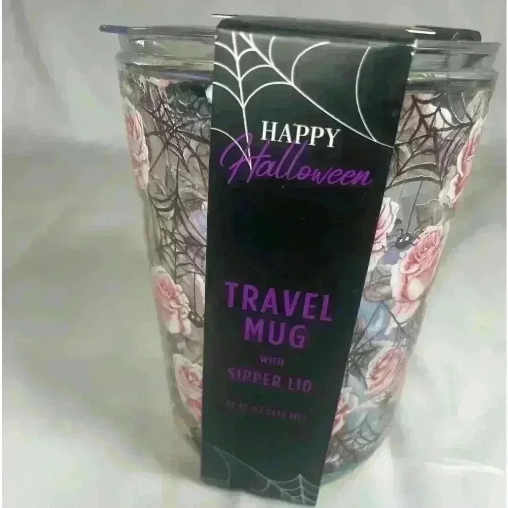 Glass Halloween travel sipper lid mug with pink roses cob webs little spiders - Picture 2 of 6